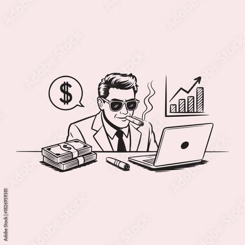 Businessman Smoking Cigar Working on Laptop with Money and Stock Chart cash