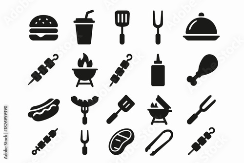 Barbecue icons: grilling tools, food, and drink silhouettes for outdoor cooking