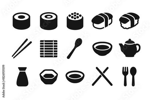Sushi icon set: nigiri, chopsticks, tea set, minimalist silhouettes
