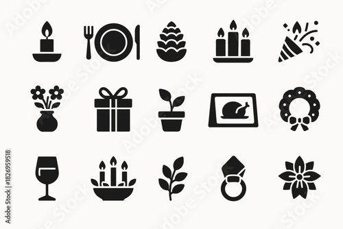 Holiday silhouette icons: candles, gifts, dining, and festive decorations collection