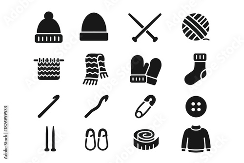 Knitting and crochet icon set: tools and accessories collection