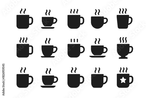 Collection of 16 diverse coffee mug icons with steam in black on white background