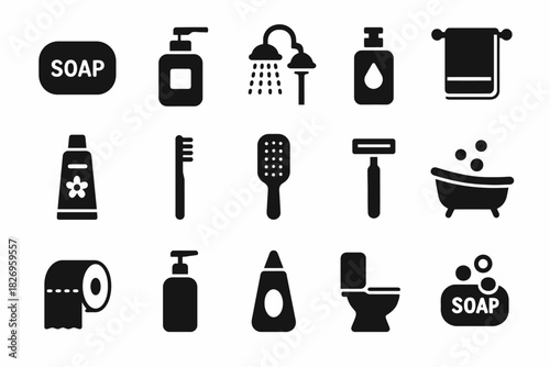 Bathroom essentials icons set: soap, shower, towel, toothpaste, toilet, bathtub