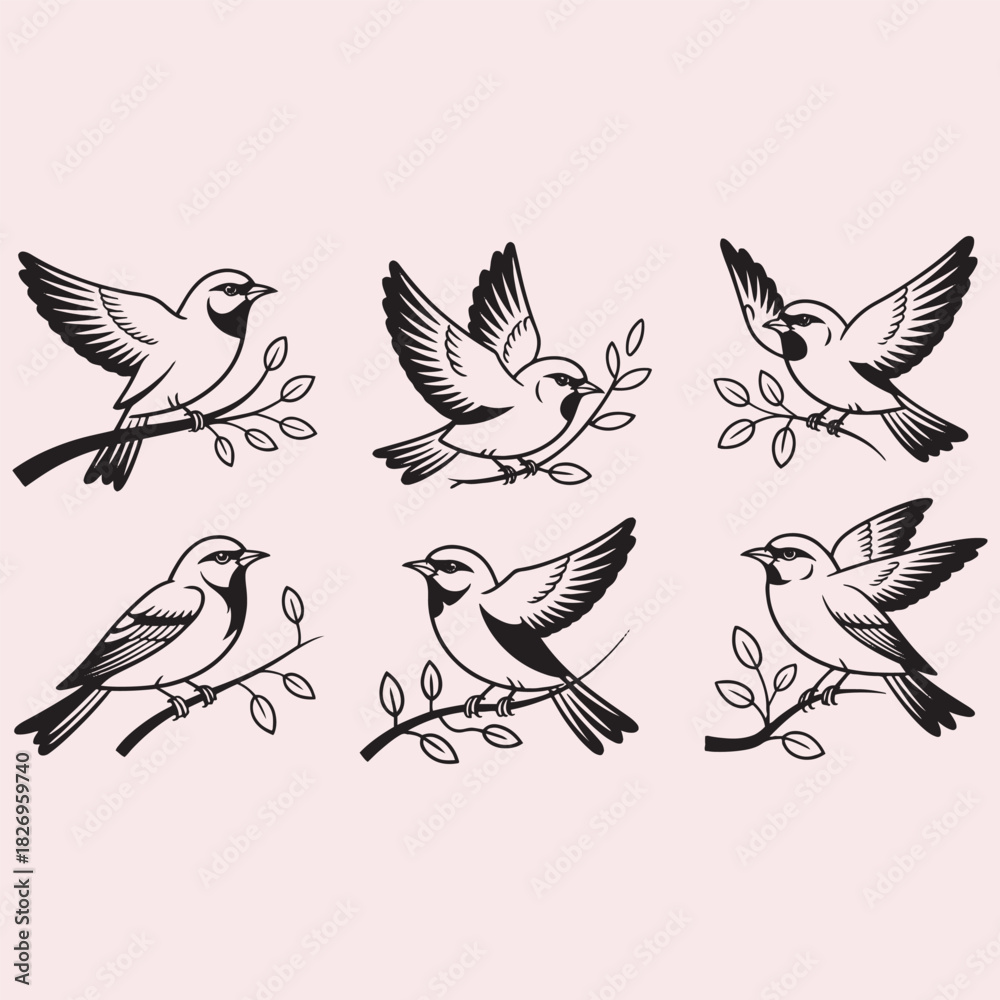 Obraz premium Collection of Six Stylized Birds on Branches sparrows leaves