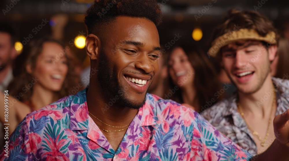 Naklejka premium Man in colorful shirtless at party.