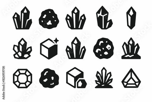 Collection of crystal and gemstone icons in black and white