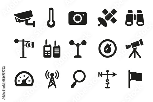 Surveillance and communication icons: camera, thermometer, telescope, antenna, flag