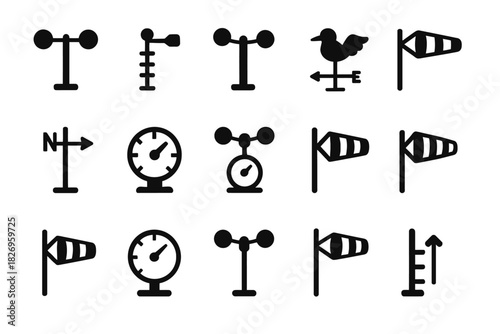 Weather station icons: anemometers, wind vanes, wind socks, gauges, and thermometers