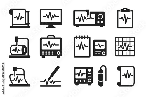 Medical monitoring icons set: ecg, monitor, chart, and diagnostic equipment symbols