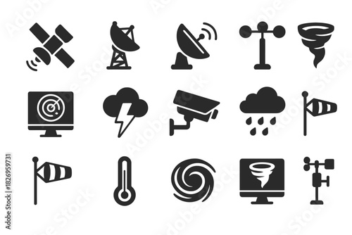 Weather and communication icons: satellite, radar, tornado, thermometer, anemometer