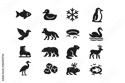 Winter animal icons: birds, mammals, and fish in silhouette