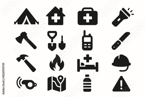 Camping and survival icons: tent, first aid, flashlight, axe, fire, tools, safety symbols