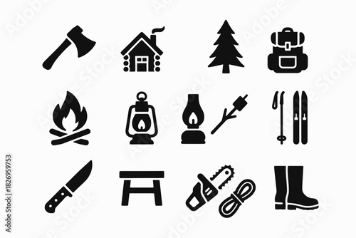 Camping equipment icons: axe, cabin, tree, backpack, campfire, lantern, skis, knife, chainsaw, boots