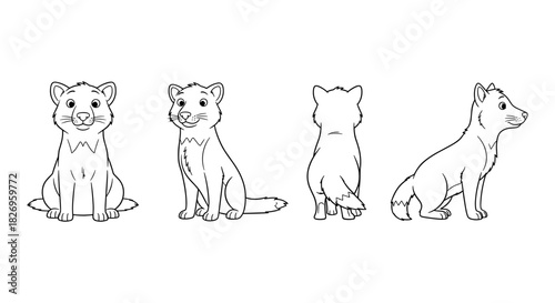 Cute ferret cartoon characters in linear outline front and side views