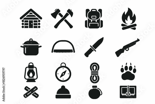 Camping and wilderness survival icons set featuring outdoor equipment and tools