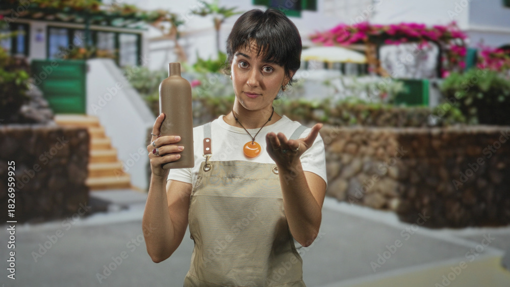 Fototapeta premium Woman in apron with short hair holding a clay bottle points finger to temple and gestures palm up while standing in a studio courtyard; curiosity craft.