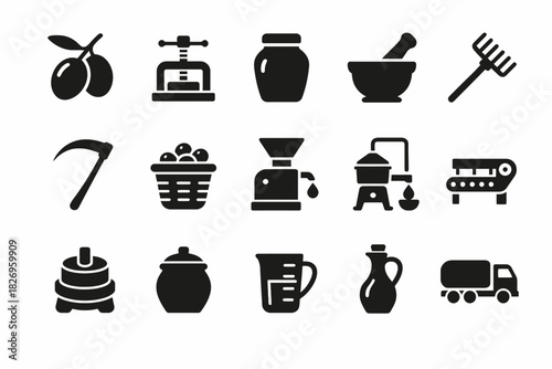 Set of agricultural and food processing icons including tools and containers