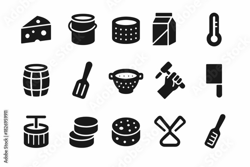Cheese and kitchen utensil icons: cheese, thermometer, spatula, colander, mallet