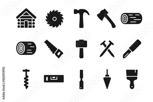 Silhouette icons of woodworking tools: saw, hammer, axe, log, knife, level, mallet, brush