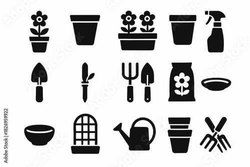 Gardening tools and supplies icons set including plants, pots, and tools