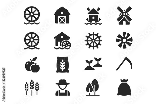 Set of agriculture icons featuring farms, crops, and farming equipment