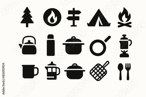 Camping icons set: tent, campfire, cookware, and utensils