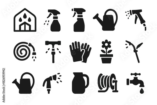 Gardening tools and watering equipment icons set for efficient garden care