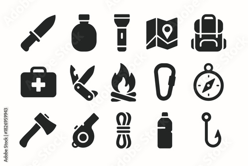 Essential outdoor camping gear silhouettes: knife, map, backpack, first aid, fire
