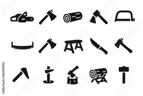 Collection of black woodworking tools icons including axes and saws