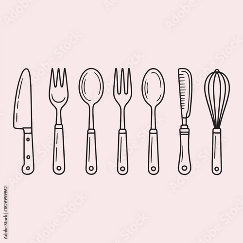 Kitchen Utensils Line Art Set – Cooking Tools Minimal Vector