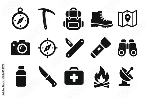 Outdoor adventure icons: compass, backpack, boots, camera, binoculars, first aid, navigation