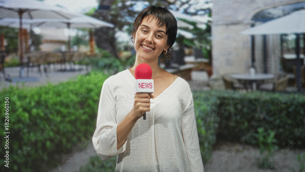 Fototapeta premium Woman holding red news microphone and smiling while reporting at a building courtyard with umbrellas, outdoor tables and hedges, wearing white blouse and short hair; confidence.