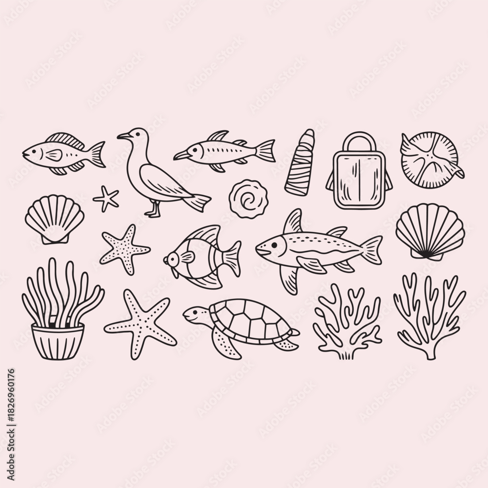 Fototapeta premium Hand- Drawn Collection of Marine Life and Ocean Objects fish turtle