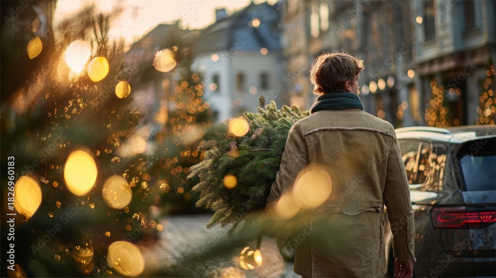 Obraz premium Man walking down street carrying Christmas tree during evening time in city.