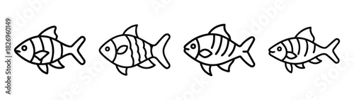Illustration of four striped fish swimming in a row, fish drawing, fish art, fish design, sea life