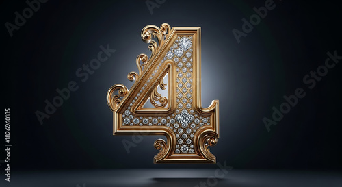 Golden Ornate Number Four with Diamonds on Dark Background