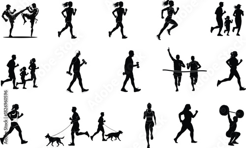 Diverse people exercising silhouette vector illustration set