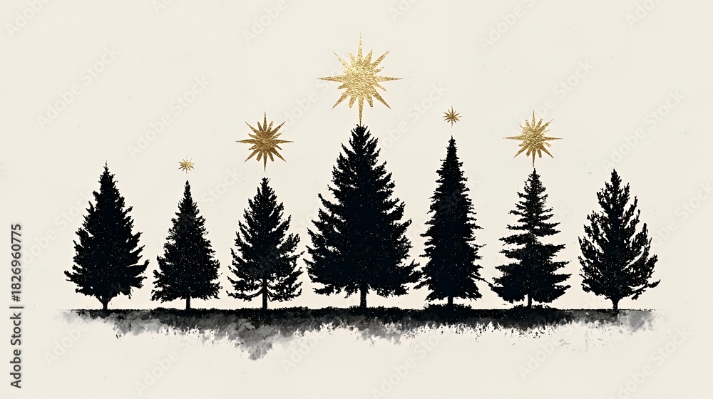 Obraz premium Golden Starlit Pines: Minimalist Winter Forest Silhouette Art
