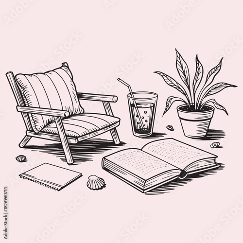 Relaxing beach chair with book drink and plant illustration deck chair lounge chair