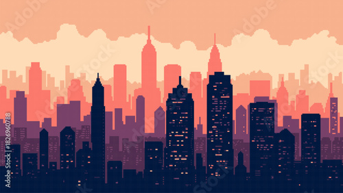 Pixel art cityscape skyline at sunset or sunrise. Retro 8-bit game background with modern city buildings. Digital graphic for video game backdrop.