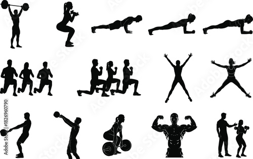 Fitness workout exercise silhouette vector illustration set