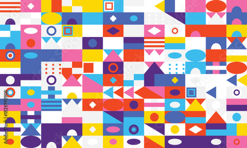 Geometric shapes pattern in bright colors red blue yellow pink purple white abstract background