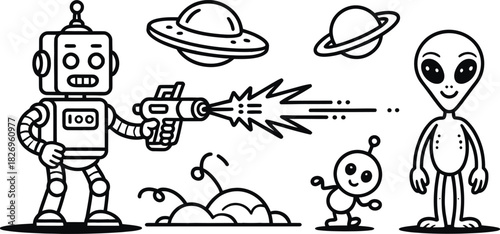 Cartoon space set robot alien planet spaceship