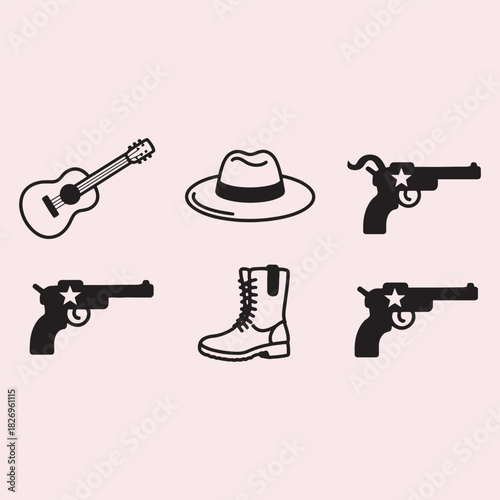 Western Themed Icons With Guitar Hat Boots And Guns cowboy wild west
