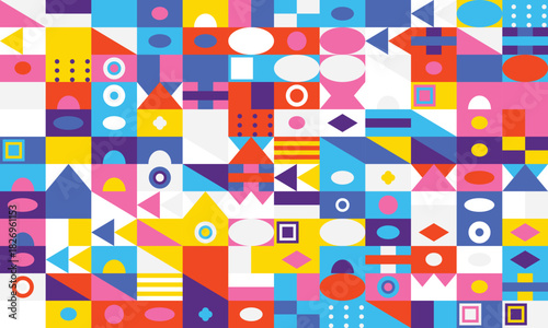 Geometric shapes abstract pattern in bright pink yellow blue purple colorful