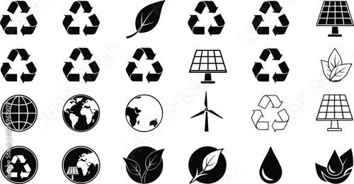 Environment, sustainability, eco, green, icon, silhouette, black, white, recycle, leaf, globe, solar, wind, water, energy, nature, minimal, grid, design, clean