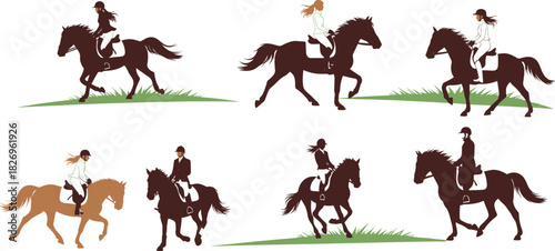 Equestrian riding illustration, horse gait variations, outdoor scene, helmet and boots, saddle and reins, training poses, vector art, sport theme