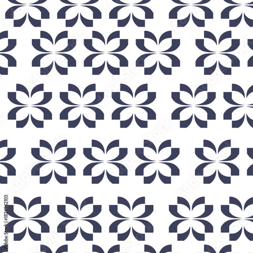 Dark Blue Geometric Floral Pattern on White Background