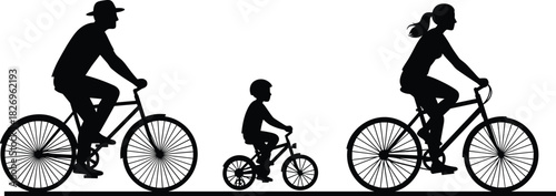 Family cycling silhouette, outdoor activity, healthy lifestyle, black illustration, child with helmet, ponytail, hat, flat surface, motion, recreation
