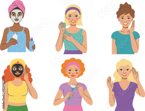 Women applying skincare products, beauty routine illustration, face masks, cosmetics, self care, healthy skin, diverse females, beauty treatment vector.